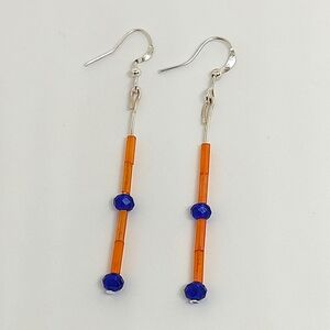 New Hand Crafted Beaded Earrings Orange Glass Navy Blue Bead Dangle Drop Jewelry
